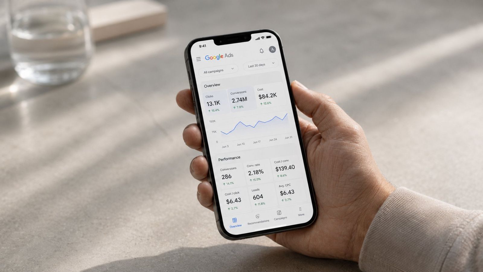 Google Ads dashboard on a phone