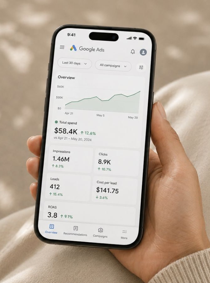Hand holding a phone showing a Google Ads dashboard with rising spend, leads and ROAS